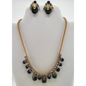 VINTAGE JULIANA (D&E) NECKLACE EARRING SET BLACK BEADED RHINESTONE GOLD TONE